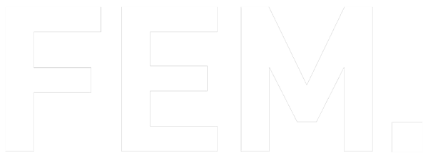 FEM logotyp, vit text mot svart bakgrund med vit rad under.